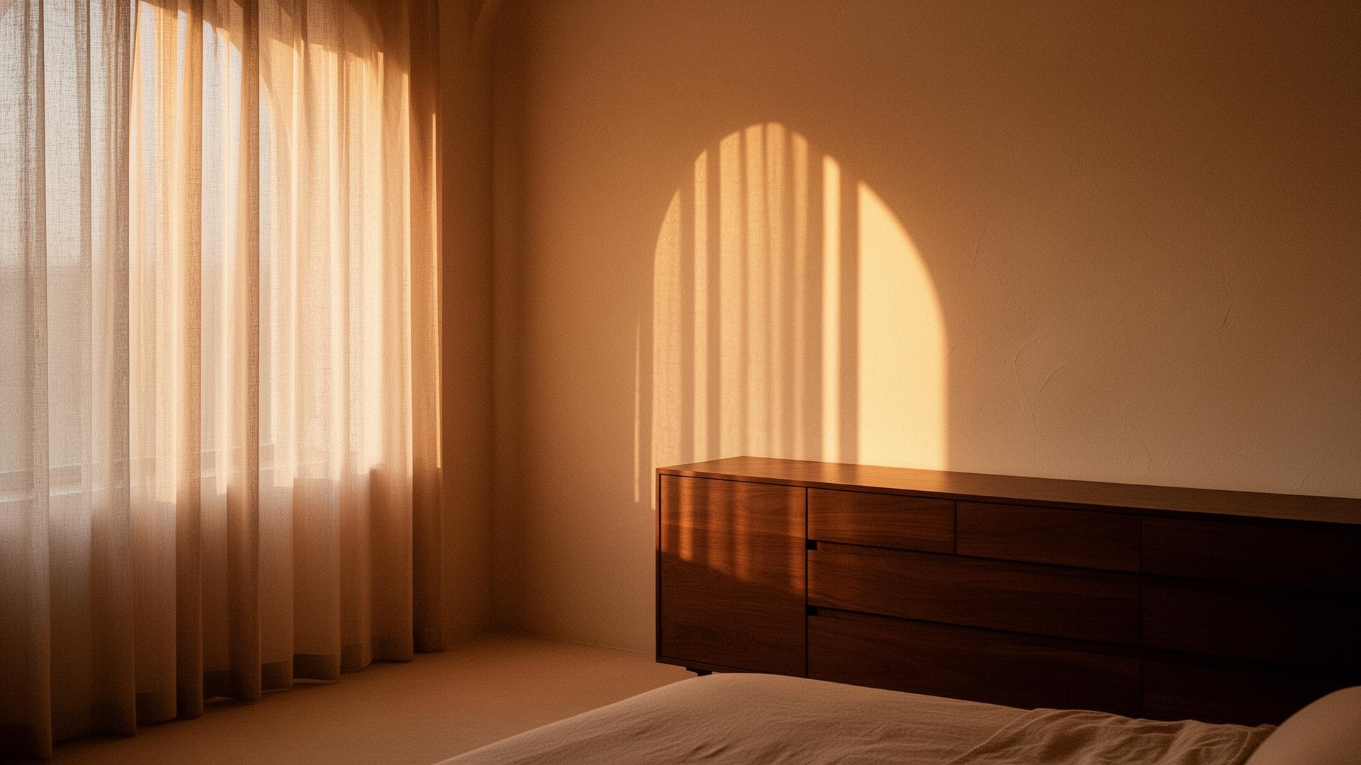 A softly lit bedroom at golden hour with blush silk pillowcases and cream linen